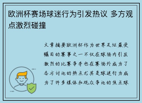 欧洲杯赛场球迷行为引发热议 多方观点激烈碰撞