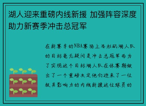 湖人迎来重磅内线新援 加强阵容深度助力新赛季冲击总冠军