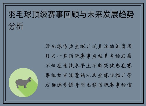 羽毛球顶级赛事回顾与未来发展趋势分析